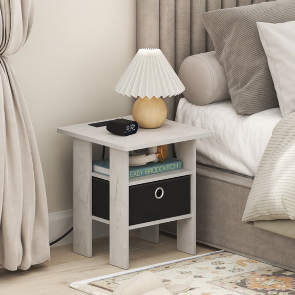 Furinno ANDREY Nightstand, Charging Station Night Stand with Storage Bin, End Table, Side Table, Bedside Table with USB and Type-C Charging Port, for Living Room, Bedroom, Marble White/Ivory