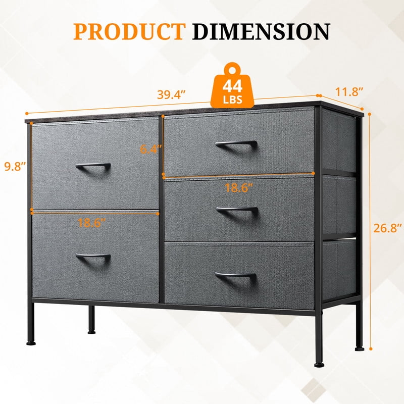 Simenmax 5-Drawer Fabric TV Stand, 39.4-Inch Entertainment Center with Wood Top & Sturdy Metal Frame, Storage Dresser for Bedroom, Living Room, Hallway, Gray