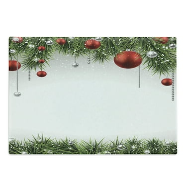 Christmas Cutting Board, Classical Christmas Ornaments and Baubles Coniferous Pine Tree Twig Tinsel Print, Decorative Tempered Glass Cutting and Serving Board, Large Size, Green Red, by Ambesonne