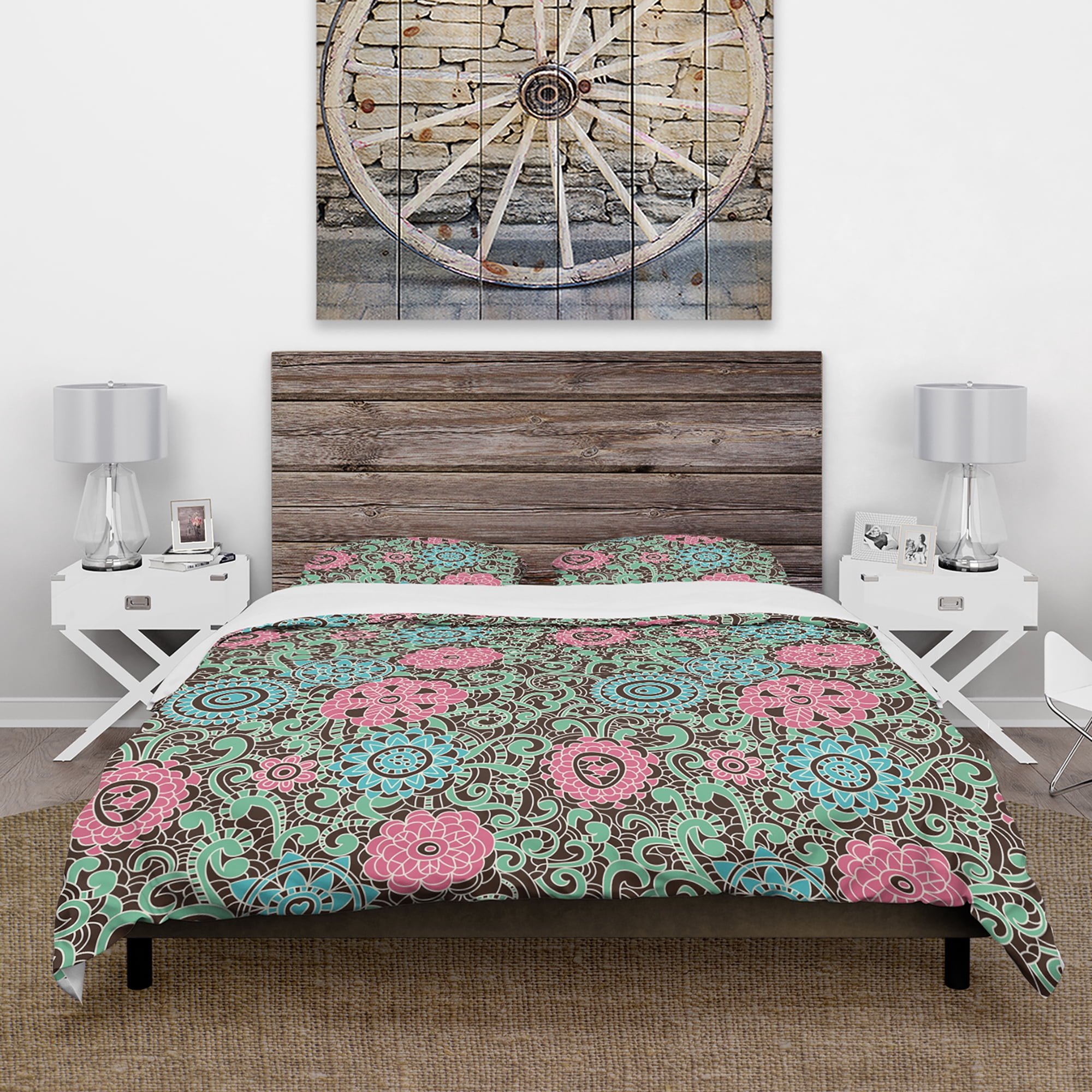 Designart 'Vintage Pink And Blue Flowers' Floral Duvet Cover Set