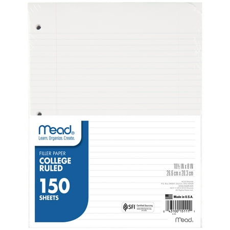 Mead Filler Paper, Loose Leaf Paper, College Ruled, 150 Sheets/Pack