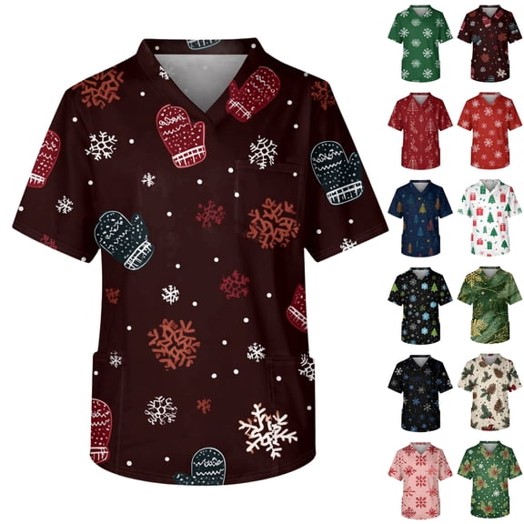 Wutalume Men's Casual Short Sleeve V-Neck Shirt, Christmas Print with Front Pocket, Lightweight Workwear Top for Carers, Nurses and Daily Wear,Army Green L