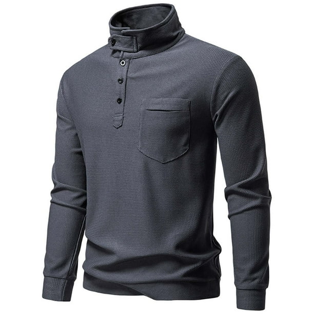 pstuiky camisas de hombre de manga larga, Cárdigan informal de manga larga con cuello alto y botones para hombre Tops casuales para hombres l