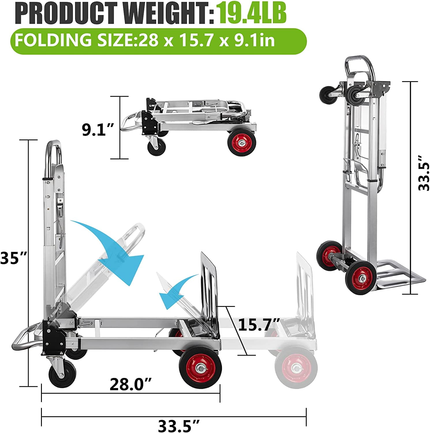 SHZOND 2 in 1 Folding Hand Truck 330 lbs Load Capacity Dolly Cart,Heavy Duty Aluminum Hand Truck with 4 Wheels