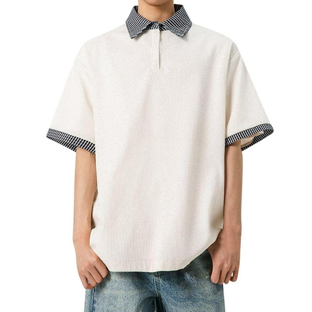 Blusa y camisa de manga corta con cuello vuelto para hombre, estilo casual, con botones en color liso y contraste, de manga corta y cuello vuelto.