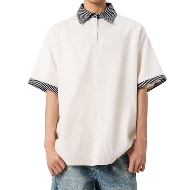 Blusa y camisa de manga corta con cuello vuelto para hombre, estilo casual, con botones en color liso y contraste, de manga corta y cuello vuelto.