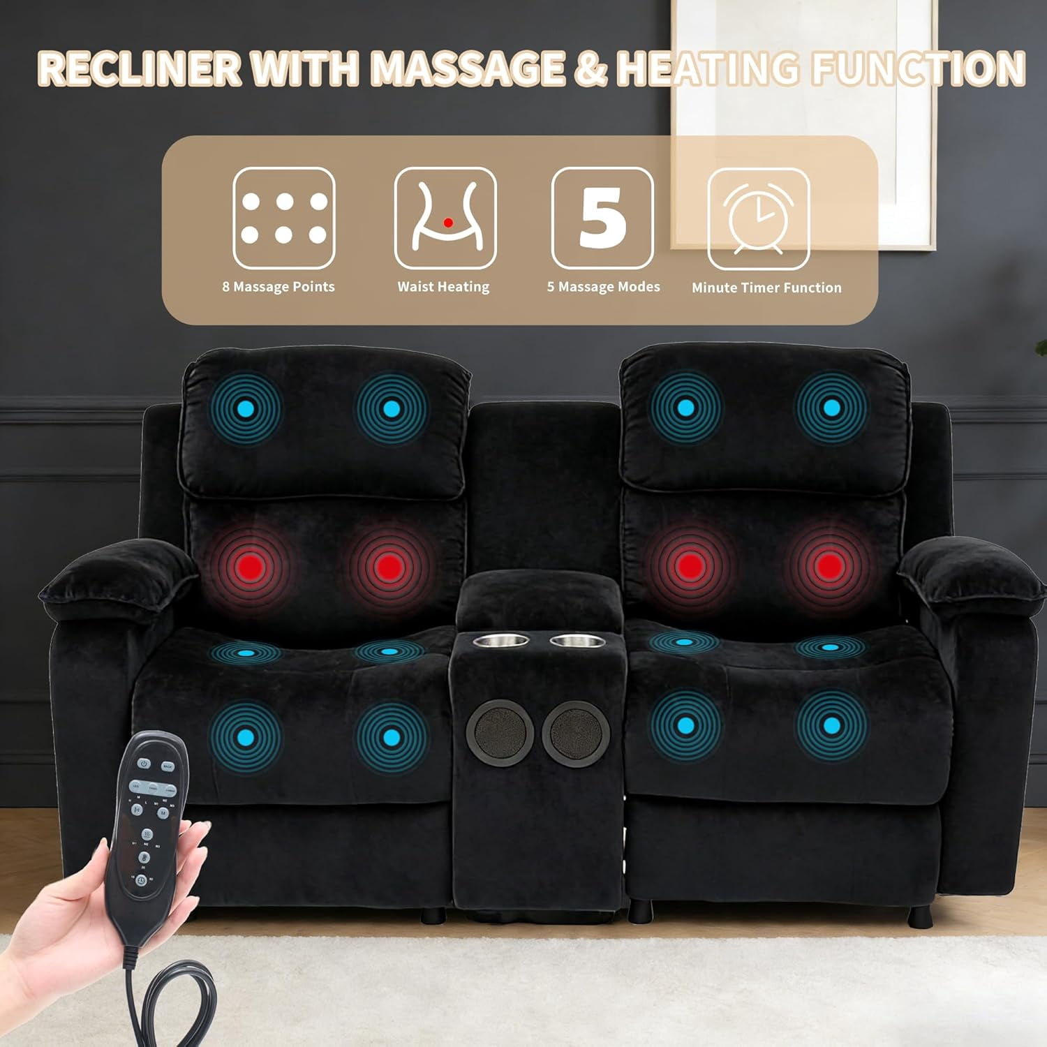 Electric Reclining Loveseat Sofa with 8-Point Vibration Massage, Bluetooth Speakers, Storage Console and Cup Holders for Living Room & Home Theater(Black, Loveseat)