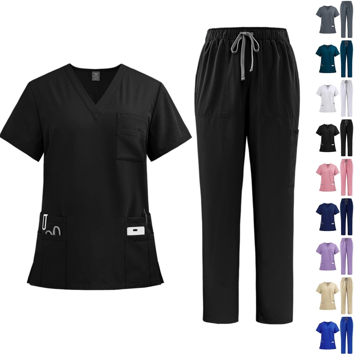 Medical Scrubs for Women Set V-Neck Top with Pockets & Straight Leg Pants Quick Dry Moisture Wicking Uniform for Nurses Doctors Lab Technicians Lightweight Solid Color Black S