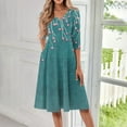 thumbnail image 2 of WTOBBY Women's Modern Floral Print V-Neck 3/4 Sleeve Midi Dress, Contemporary Digital Design Sundress with Fashion Forward Style,Cyan L, 2 of 4