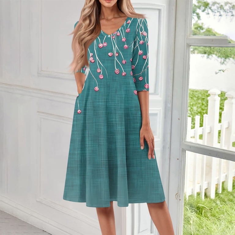 contemporary midi dresses WTOBBY Women's Modern Floral Print V-Neck 3/4 Sleeve Midi Dress,  Contemporary Digital Design Sundress with Fashion Forward Style,Army Green L