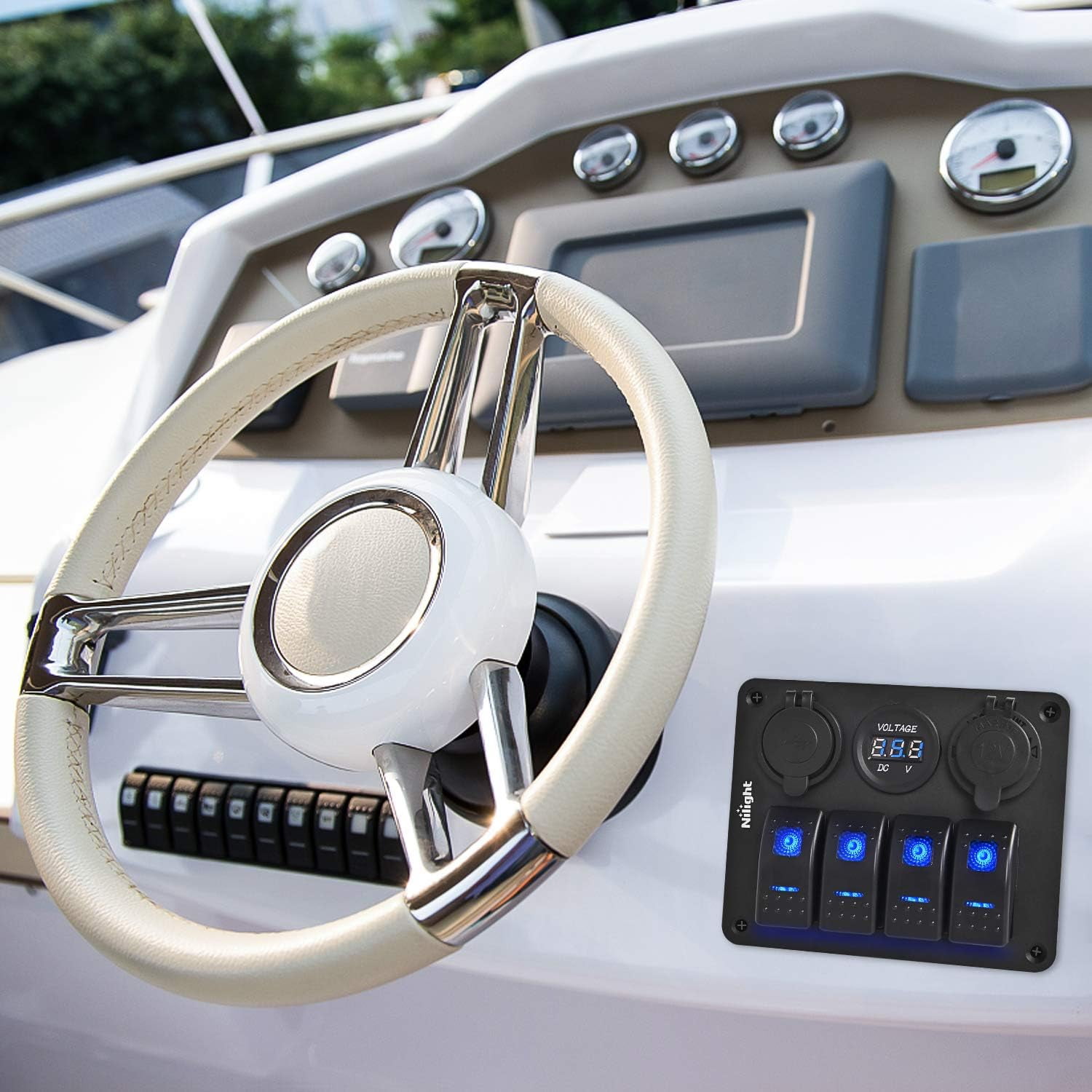 Nilight 4 Gang Rocker Switch Panel Waterproof Pre-Wired Aluminum Switch Panel with Dual USB Cigarette Lighter Socket Voltmeter12V-24V DC ON Off Switch Panel for Cars Rvs Trucks