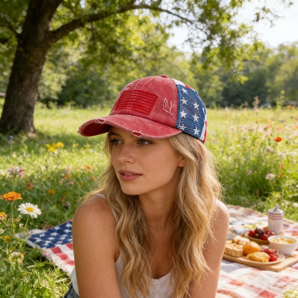 Americans Flag Baseball Cap Embroidered Distressed Ponytail Hat For Women Adjustable Mesh Back Outdoor Red