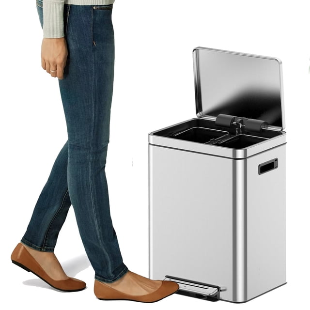 YUSAZENS Dual Trash Can With Recycle Bin, Brushed Stainless Steel Garbage Can with Soft-Close Lid