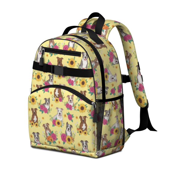 Staffordshire Bull Terrier and Sunflowers Cute School Backpack Bag for School with Padded Back and Adjustable Shoulder Straps 15.25"x11.5"x5.25"