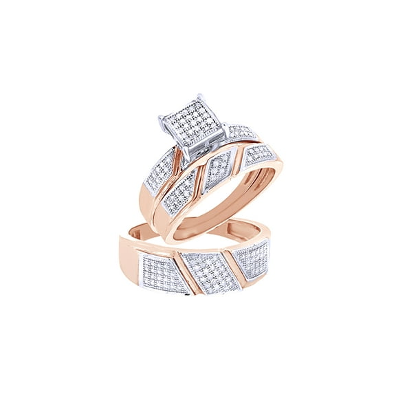 AFFY White Natural Diamond Engagement & Wedding Trio Band Ring Set In 10k Rose Gold (0.25 Cttw)