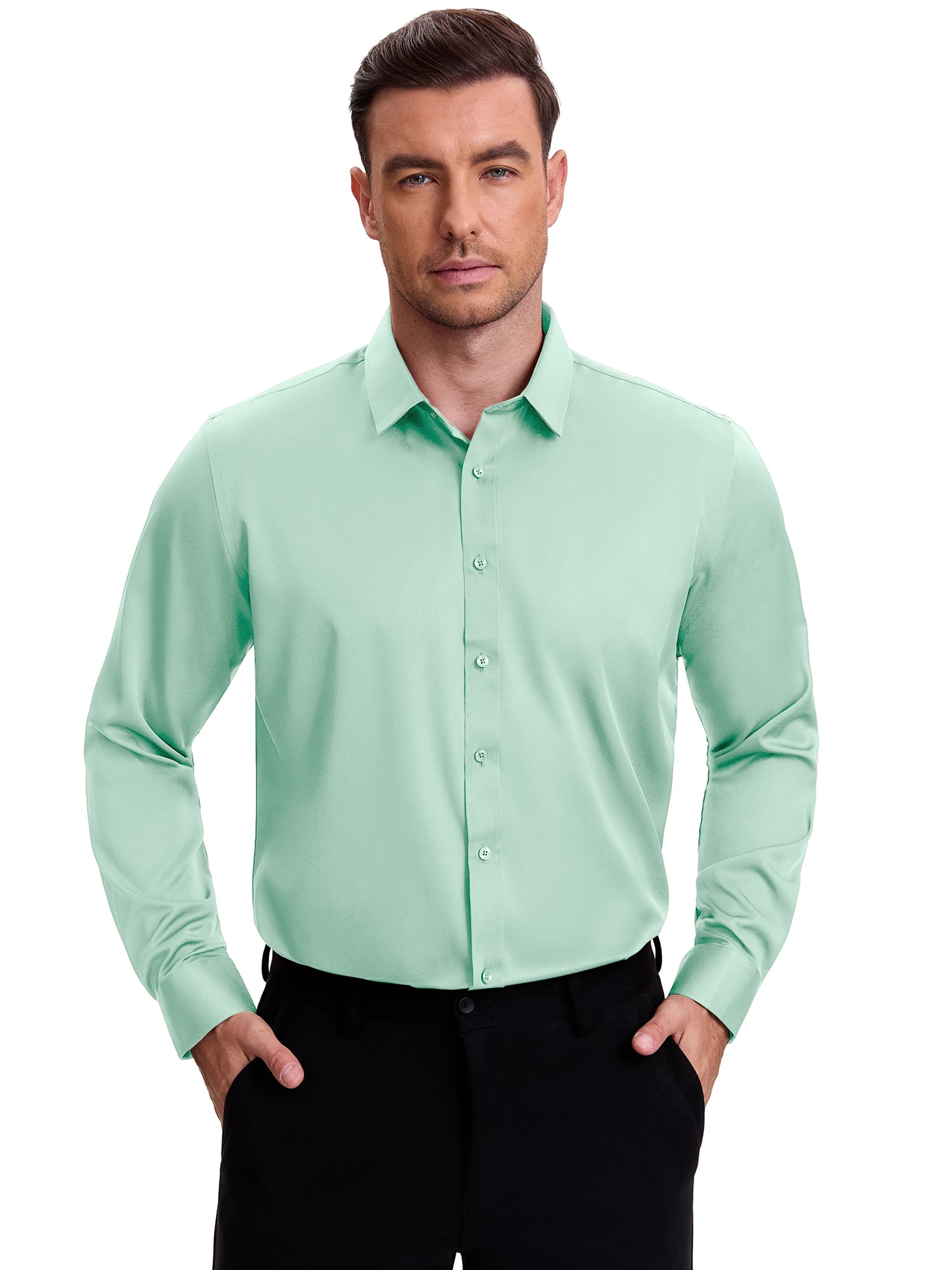 DARING DIVA Men's Point Collar Long Sleeve Button Down Formal Shirts 3XL Green