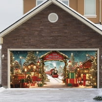 Large Garage Door Banner Outdoor Holiday Season Festive Welcome Sign Featuring Santa Sleigh Reindeer Snowman Design for Christmas Celebration