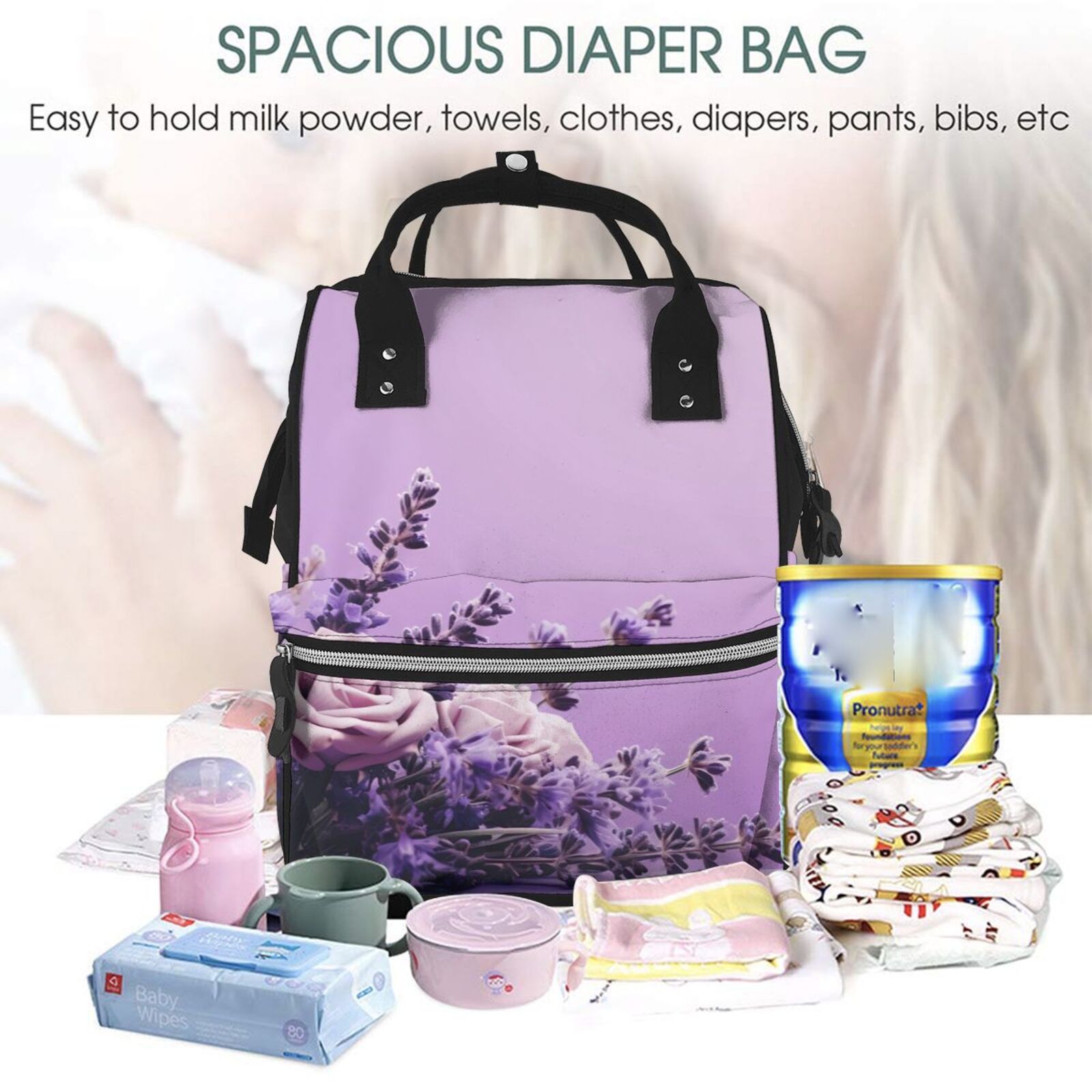 Ratiio Lavender Roses Arrangement Mummy Backpack - Waterproof Twill Canvas, Large Capacity Diaper Bag with Multiple Pockets and Adjustable Straps