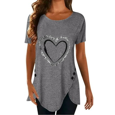 

Qufokar Underscrub Shirts for Women Womens Short Sleeve Shirts Women Round Neck Love Print Short Sleeve on Irregular T Shirt Top