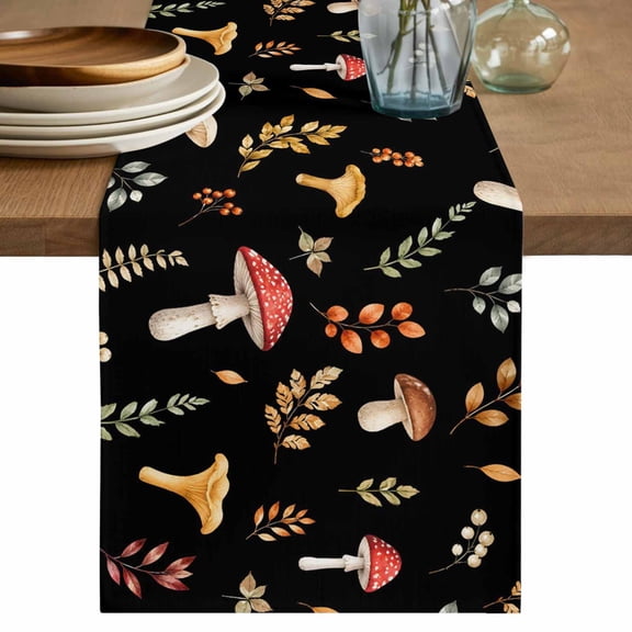Table Runners 90 Inches Long Dress Scarves, Mushroom Leaves Farmhouse Coffee/Dining/Kitchen Table Decor Table Runner for Living Room, Black Fall Botanical Leaf Branches 13x90 Inch