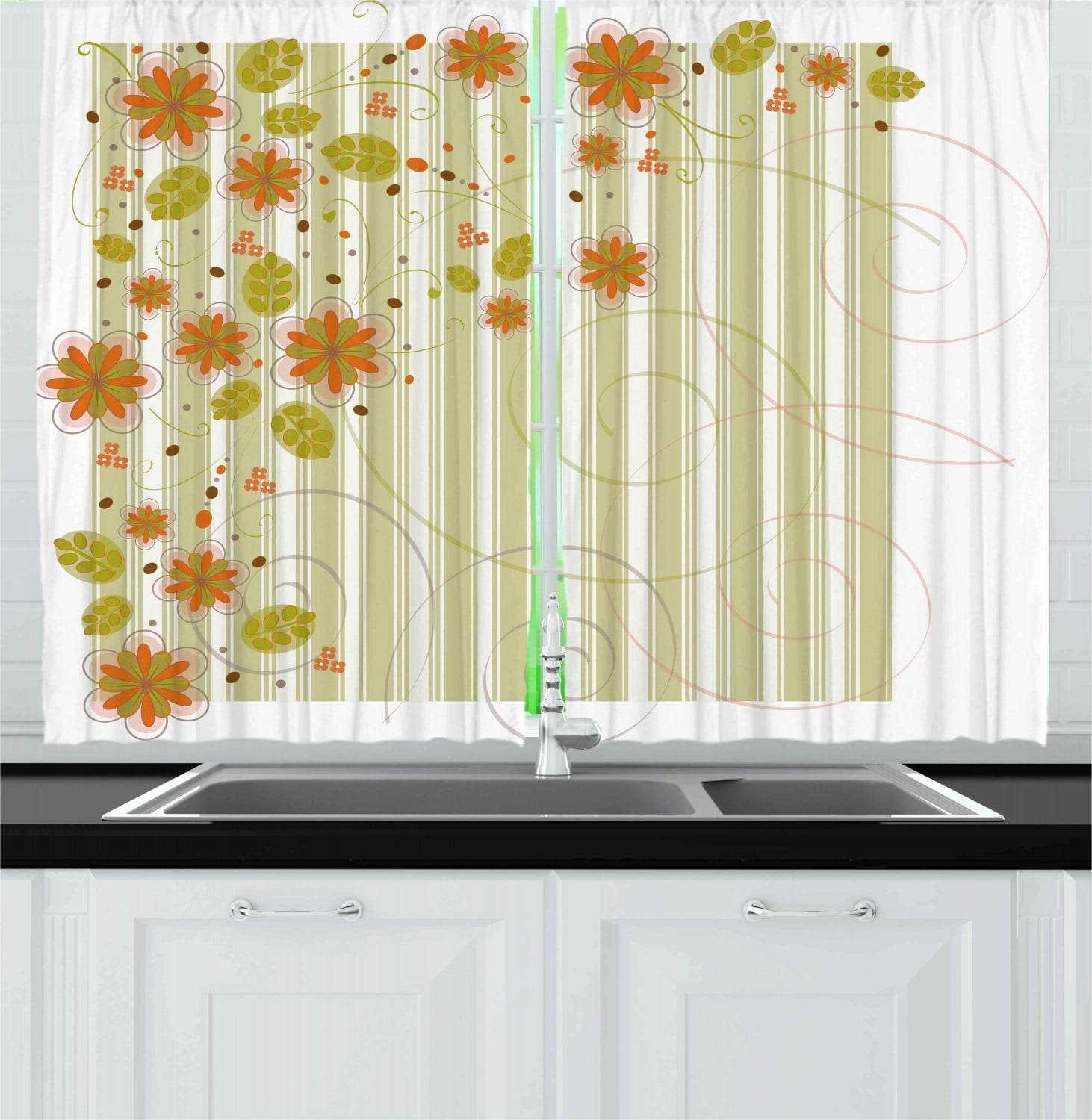 Floral Curtains 2 Panels Set, Retro Flourishing Spring Flowers and Swirled Branches on Striped Background, Window Drapes for Living Room Bedroom, 55W X 39L Inches, Green Orange White, by Ambesonne