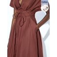 thumbnail image 2 of Brown V-Neck Wrap Midi Dress With Tie Waist And Short Sleeves, 2 of 8