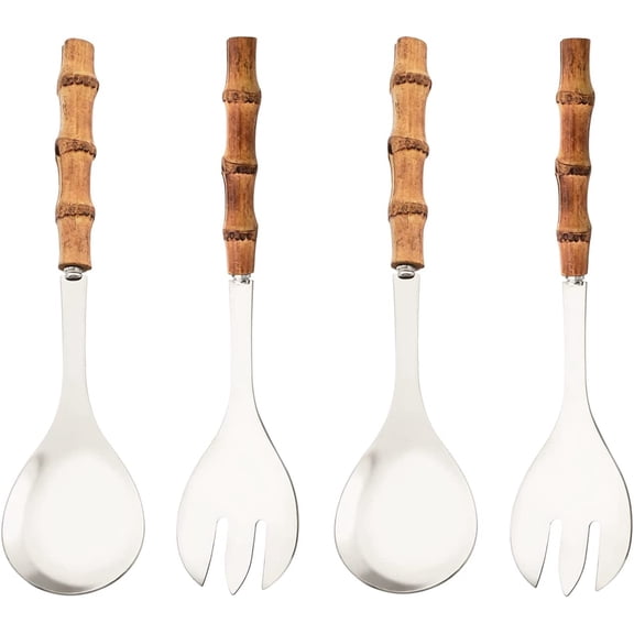 Serving Spoon and Fork Set, 304 Stainless Steel Serving Utensils with Natural Bamboo Handle, 10" Long Handle Serving Set for Kitchen Party Buffet, 4 Pieces / 2 of Each