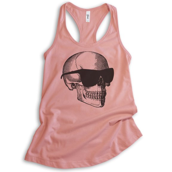 Skull With Sunglasses Tank Top, Ladies Racerback Tank Top, Halloween Tank, Skull Graphic Tank, Desert Pink, X-Large