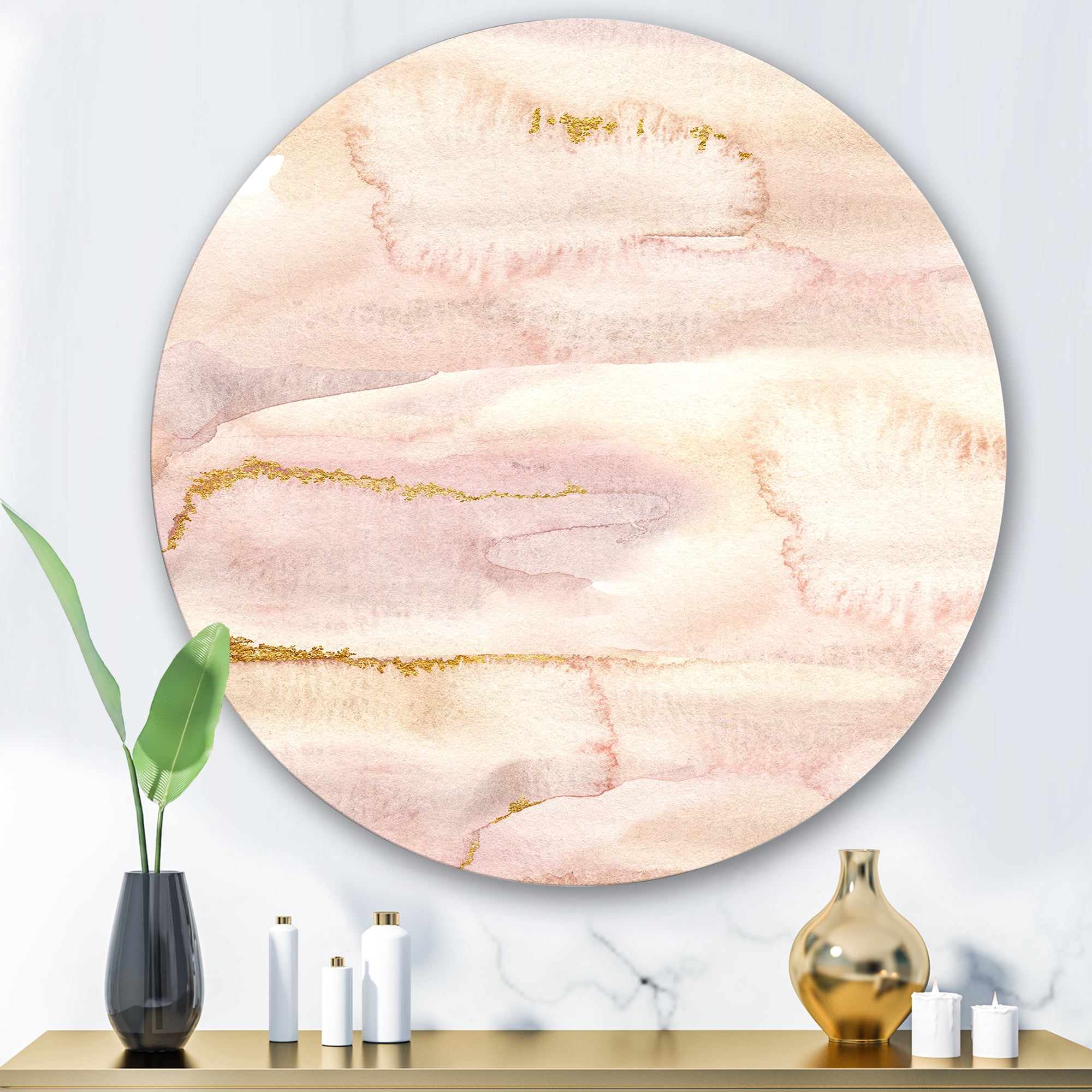 Designart 'Pastel Abstract With Beige Pink and Yelllow Spots' Modern Circle Metal Wall Art 36x36 - Disc of 36