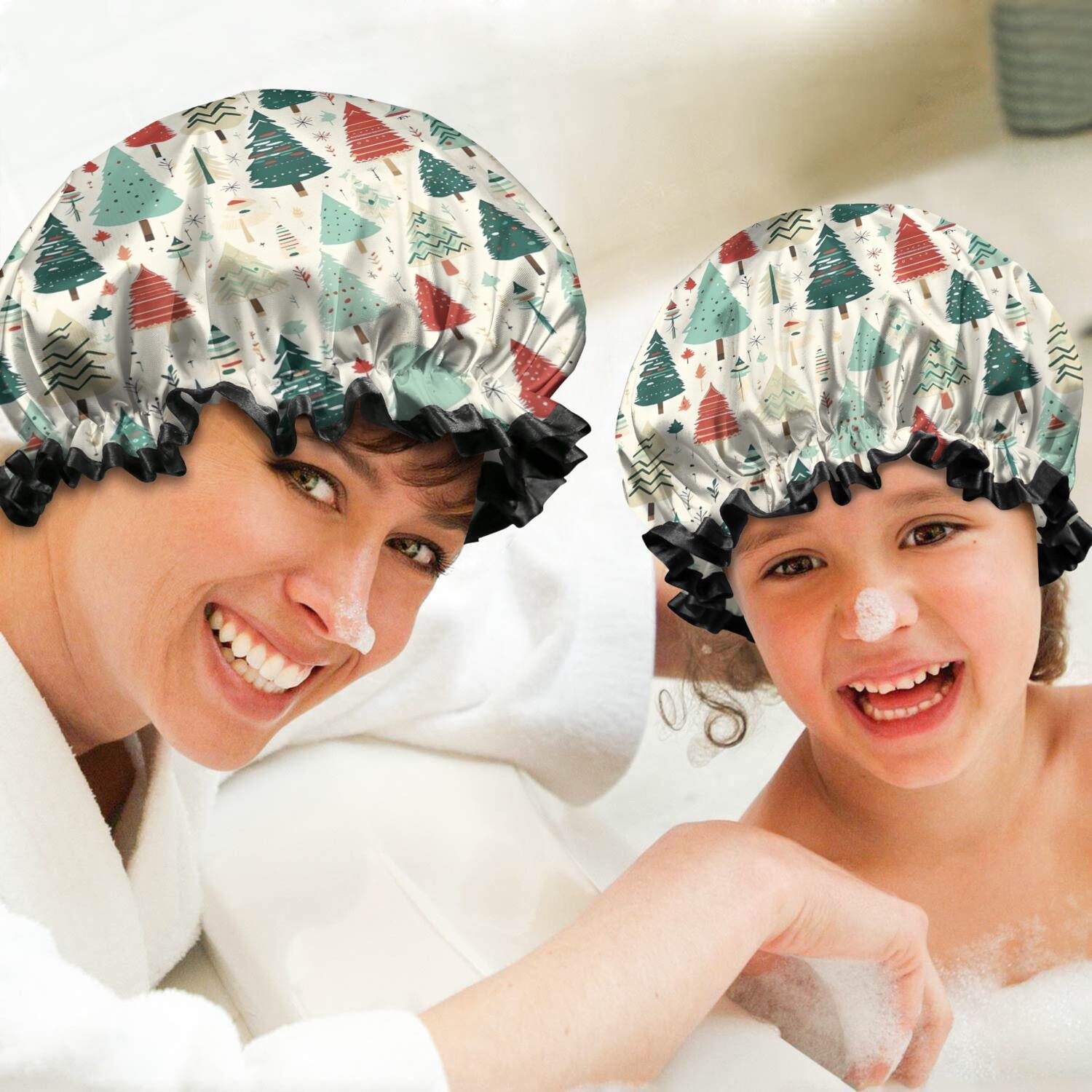 Shower Caps,Beige Christmas Tree Pattern Waterproof Shower Cap for Women 4 Pieces,Double Reusable Hair Cover for Shower PEVA Elastic Stretch Hem