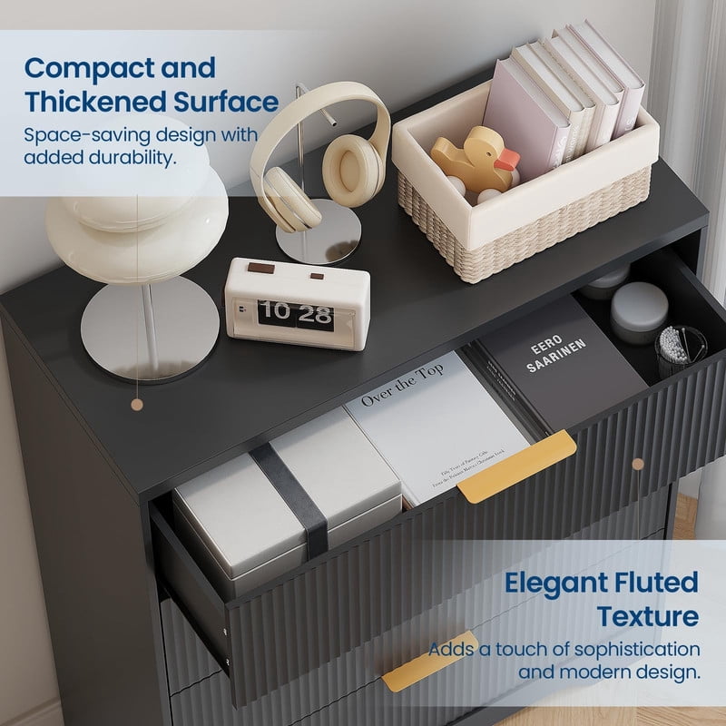 TROPOW 4 Drawers Dresser for Bedroom, Fluted Dresser Chest of Drawers with Handle, Wood Modern Dressers for Closet, Bedroom Furniture Storage Organizer for Living Room, Hallway