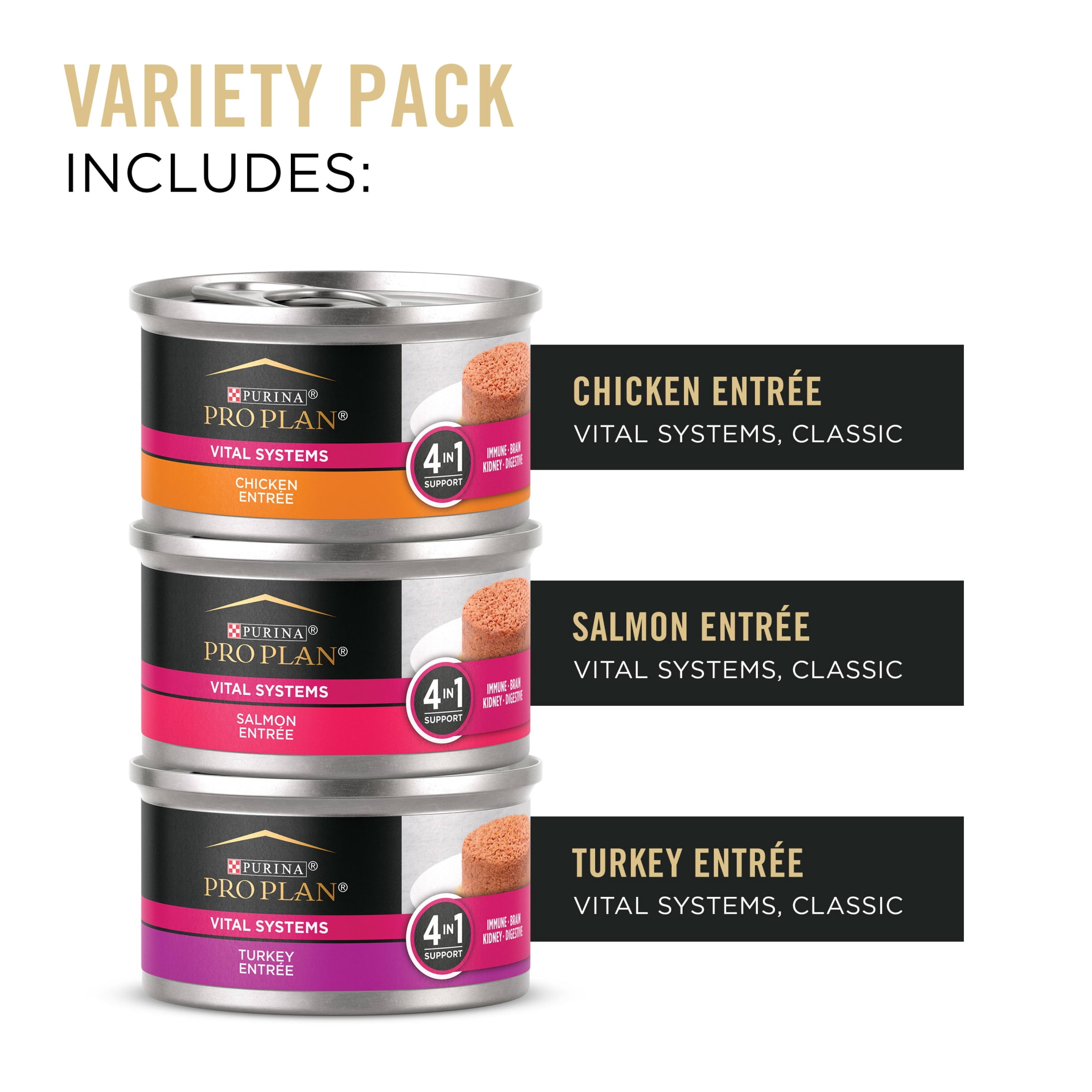 Purina Pro Plan Vital Systems Chicken, Turkey and Salmon Entree Wet Cat Food Variety Pack 4-in-1 Immune, Digestive, Kidney and Brain, 3 oz Cans (24 Pack)