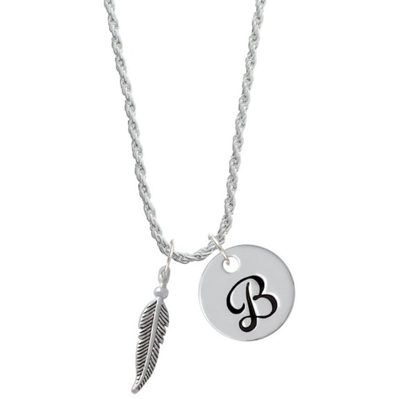 Delight Jewelry Silvertone 3-D Feather Silvertone Script Initial Disc - B - Charm Necklace, 20"+3"