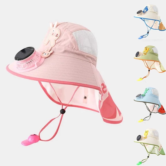LRen Tea Party Hats Summer Sun Hat for Kids with Neck and Built-in Fan UPF 50 Outdoor Adventure Pink