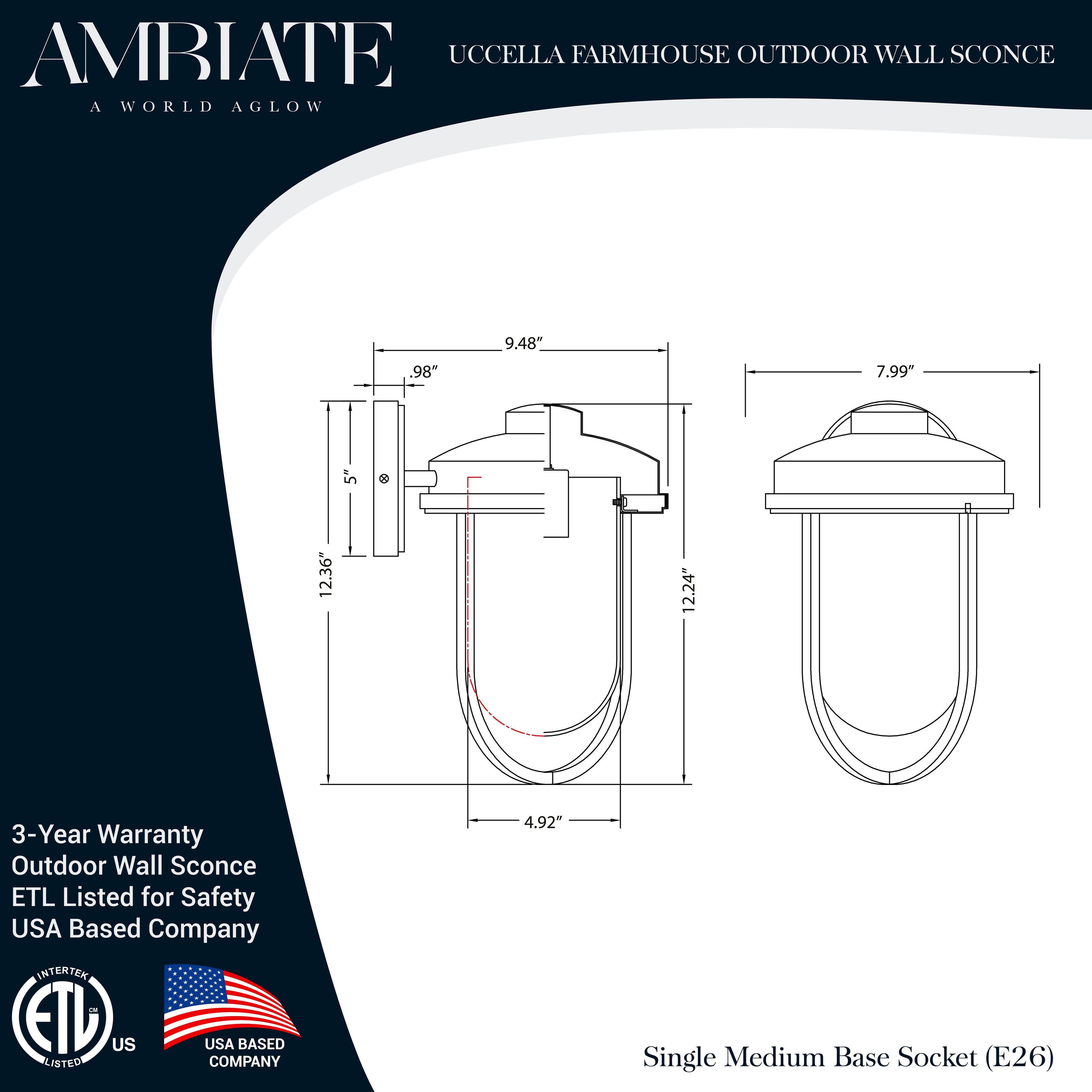 Ambiate Uccella Industrial Farmhouse Wall Sconce, Single Medium Base Socket (E26), Outdoor Use, Black Finish, Glass Globe, for Porches, Patios, Garage Openings, Commercial or Residential, ETL