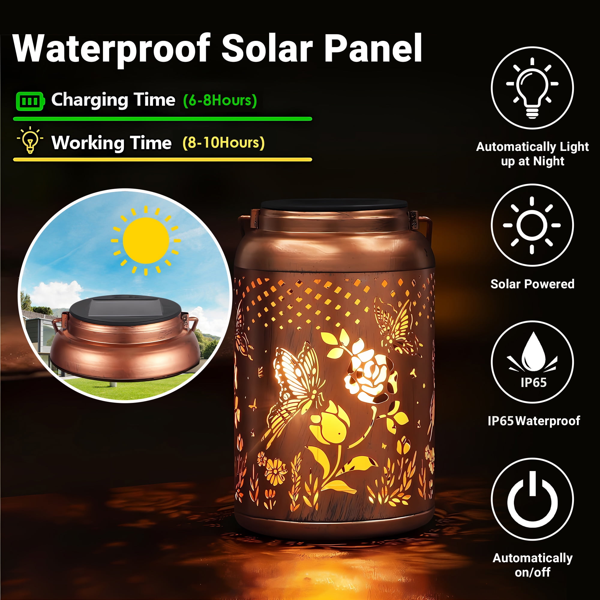 CHARKEE Hanging Solar Lanterns Outdoor Waterproof,2 Pack Butterfly and Rose LED Solar Lights for Garden Yard Decor Patio Tabletop Porch Outside Decoration Lawn Ornament