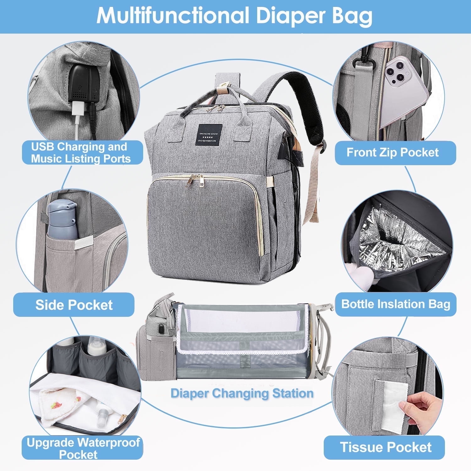 Anoak Baby Diaper Bag Backpack with Changing Station, Large Capacity Baby Bag, Waterproof Travel Backpack with USB Charging Port, Stroller Straps , Baby Shower Gifts
