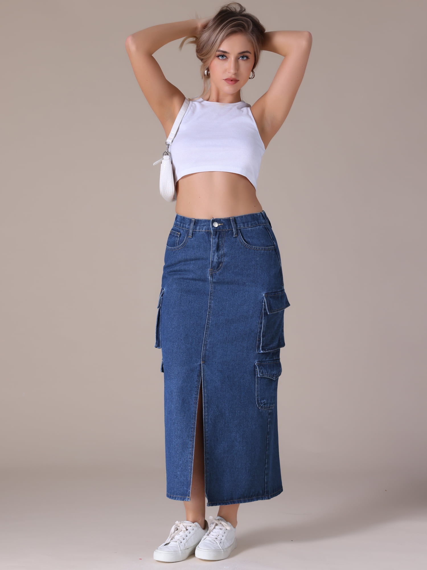 Unique Bargains Women's Front Split Flap Pockets Maxi Denim Skirt S Dark Blue