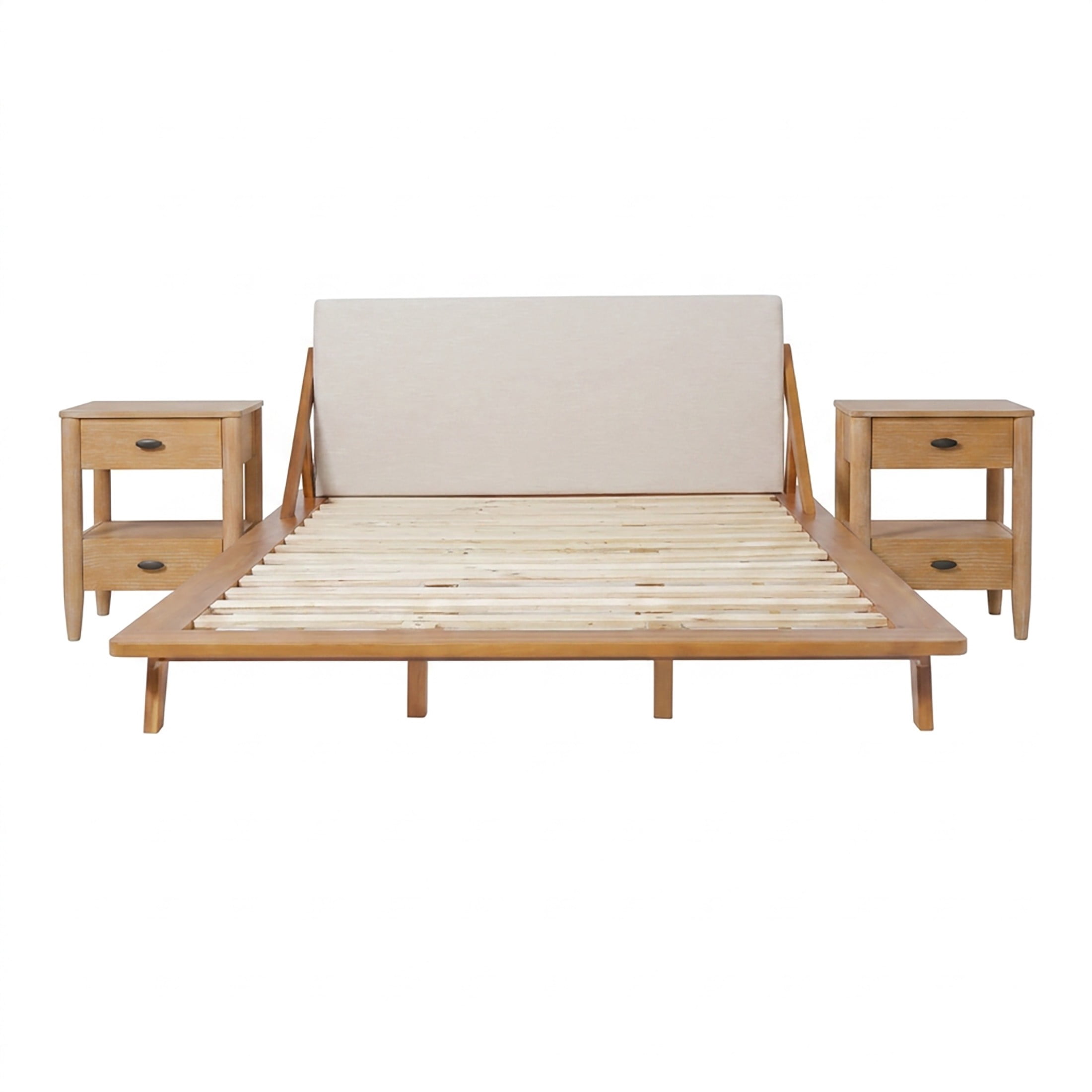 Christopher Knight Home Queen Bedroom Set, Beige Upholstered Wood Bed with 2 Nightstands, Natural