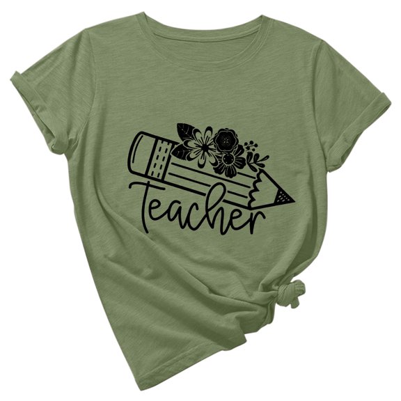 Women's Teacher T-Shirt Flower Pencil Print Teaching Life Shirt O Neck Short Sleeve Workout Tee Teacher Gift Tops