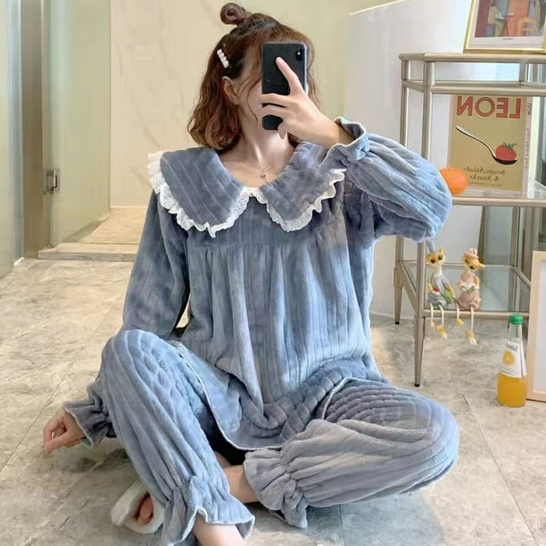 Square Collar Women Pajamas Set Winter Sleepwear Fleece Velvet 2 Piece Pant  Home Suit Fluffy Korean Solid Piiama Warm Night Wear 