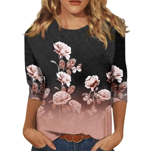 Women's T Shirts Three Quarter Sleeve Tees Casual Everyday T Shirt for Relaxed Fit Soft Stylish Lightweight Knit Shirts Tops