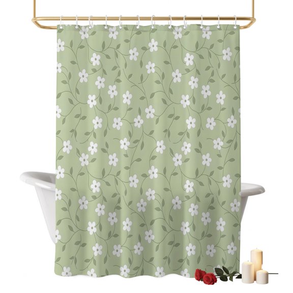 Tiny Blossom Bathroom Shower Curtains with Hooks, Spring Floral Botanical Flower Vine Spray Sage Green Waterproof Fabric Washable Shower Curtain for Home Hotel Bathtub Decor 48x72 Inch