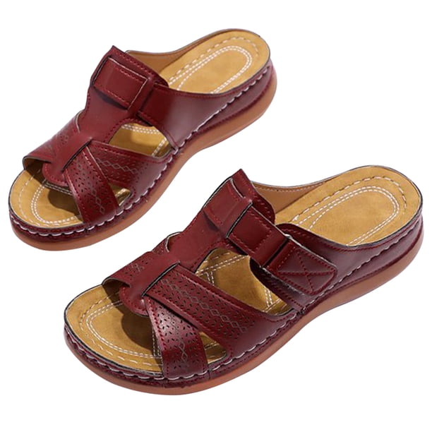 Sandalias Cuña Vintage con Punta Abierta para Mujer Antideslizantes rojo Vino 43