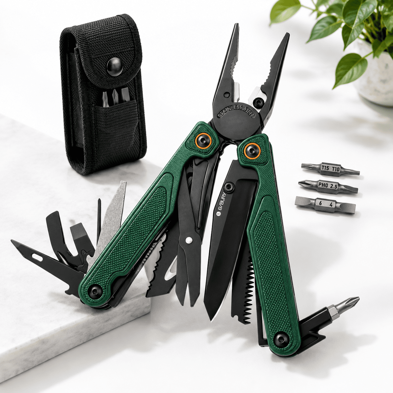Green 25-in-1 Lightweight G10 Handle Multitool with One-Hand Opening for EDC and Outdoor Use
