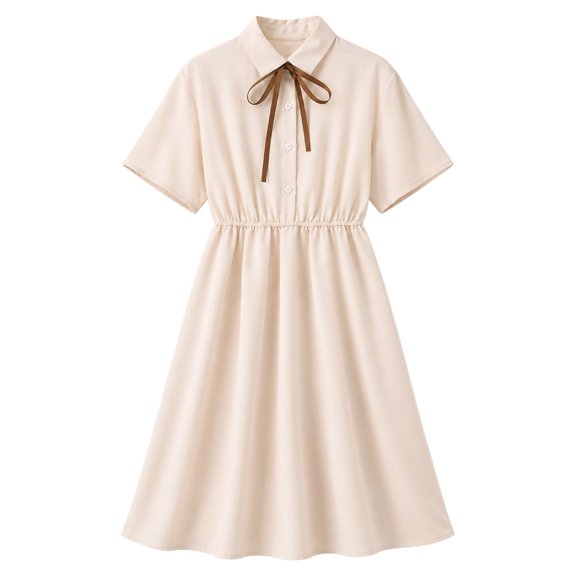 Girls Dresses Preppy School Style Bow Tie Collar Short Sleeve Dress, High Waist A-Line Flowy Midi Casual Princess Dress for Kids Summer School Outdoor Wear(Beige,7-8 Years)