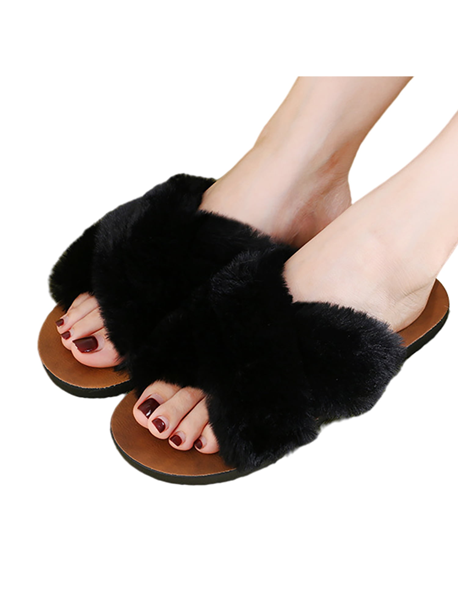 Womens Open Toe Fluffy Fur Lined Ladies Slingback Warm Winter Sliders Slippers