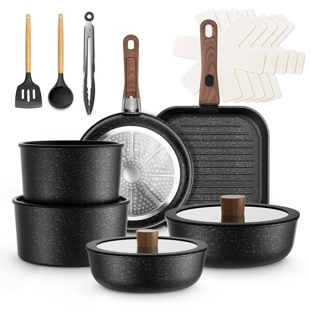 Juego de 20 Ollas y Sartenes Antiadherentes, Batería de Cocina con Mango Desmontable, Sartenes de Ceramica para Autocaravana, Apto para Inducción, Horno y Lavavajillas