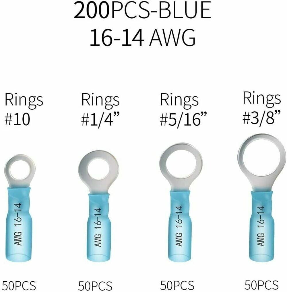 200Pcs Ring Eyelet Heat Shrink Wire 16-14AWG GA Gauge Connectors Terminals Kit