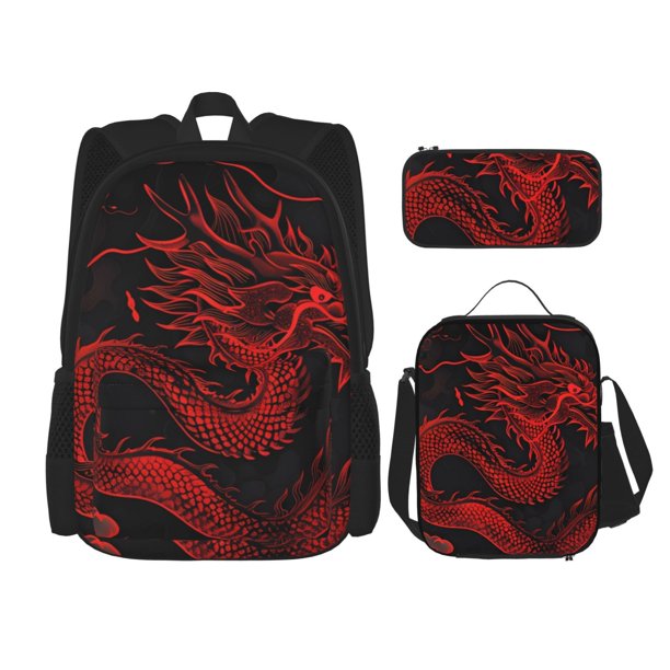 Disketp Red Dragon On Black Mochila Estampada de Gran Capacidad con Lonchera y Estuche, Set de 3 Piezas para Estudiantes